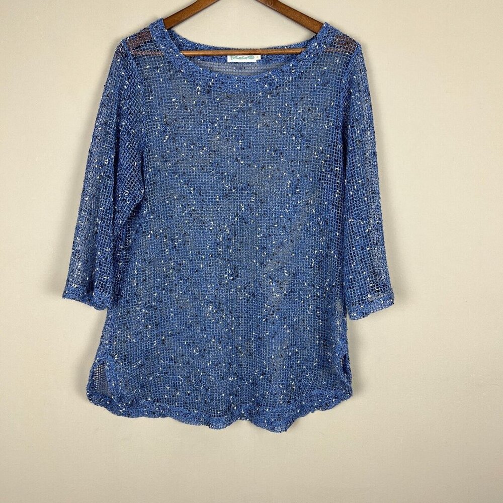 Lulu B Tunic Top Womens XL Blue Net Mesh‎ Mermaid Fishnet Open Knit 3/4 Sleeve